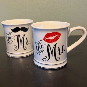HOME ESSENTIALS  Mr. and  Mrs. Mug Set  ~  Mustache & Red Lipstick Kiss Print